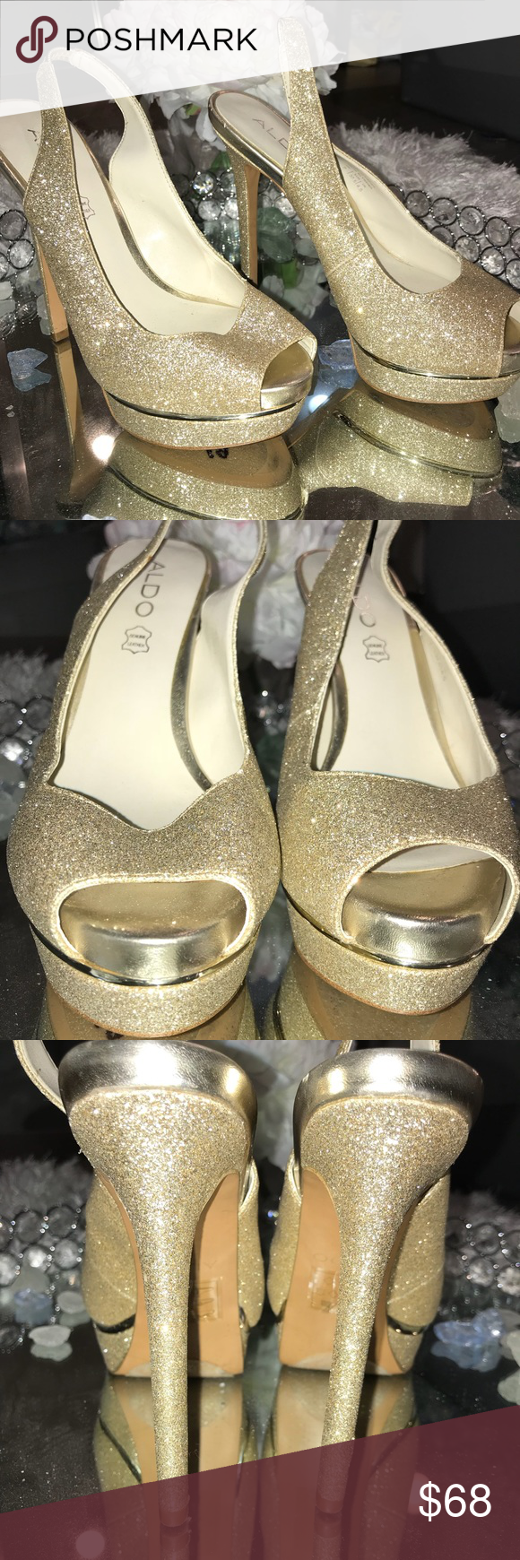 🍉Aldo Stunning Gold peep toe and sling back 7 | Sparkly high heels ...