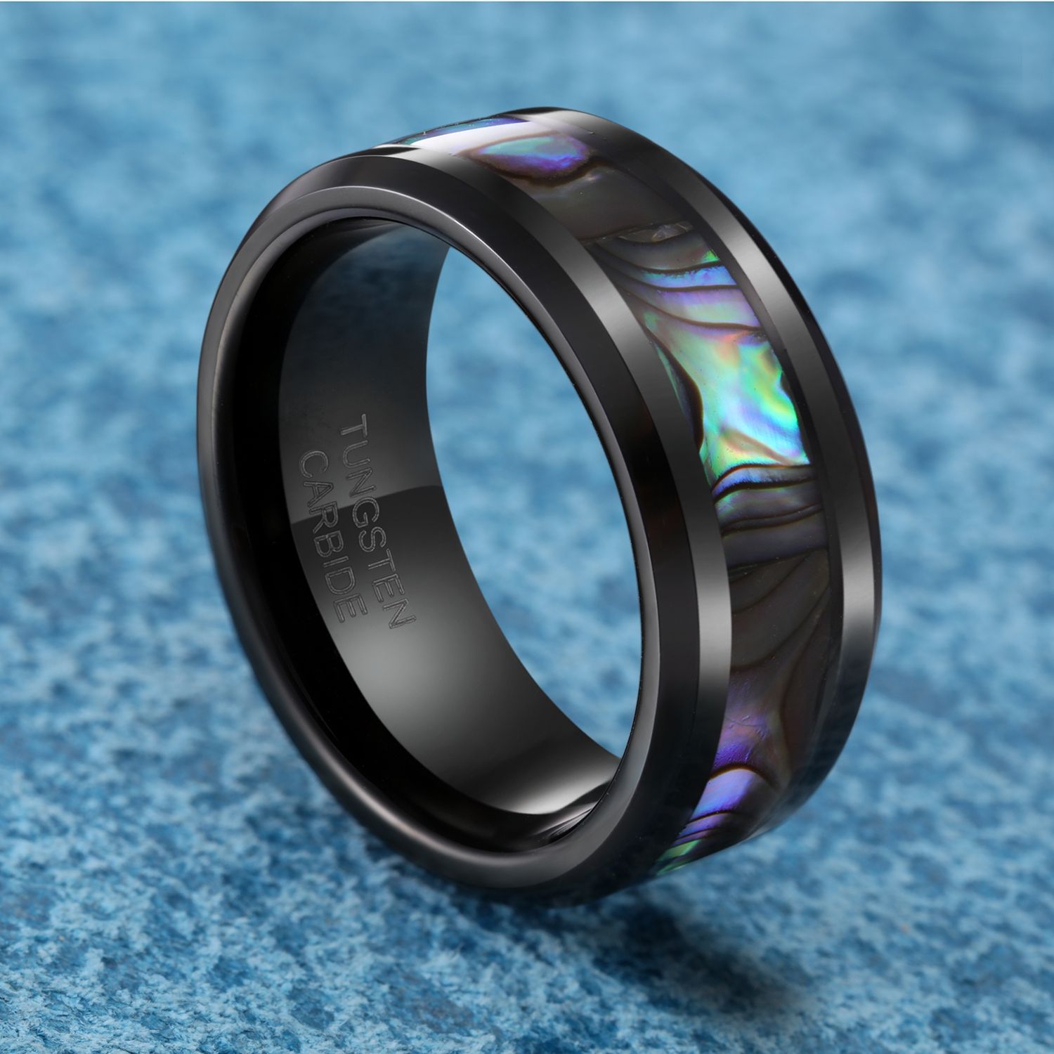 TUSEN JEWELRY 8mm Tungsten Wedding Band Natural Abalone Shell Inlay Tungsten Carbide Ring