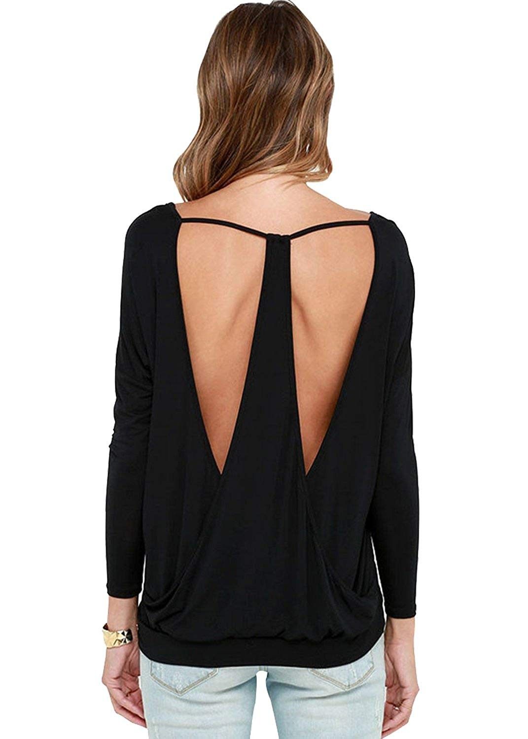 Women's Long Sleeve Blouse Stretchy Loose Tops Backless Knit T Shirt - 501-black - CB12N5PNTS5 - Spo...