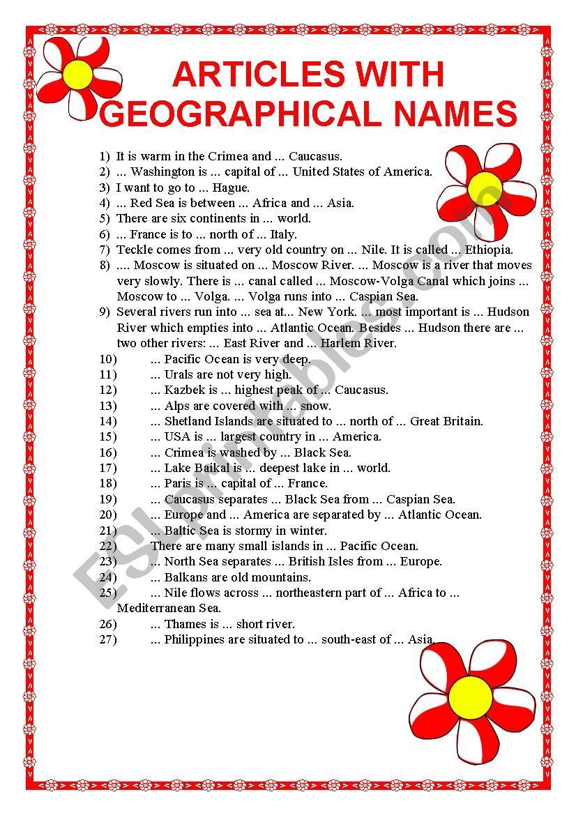 ARTICLES WITH GEOGRAPHICAL NAMES - ESL worksheet by spankevich | Names