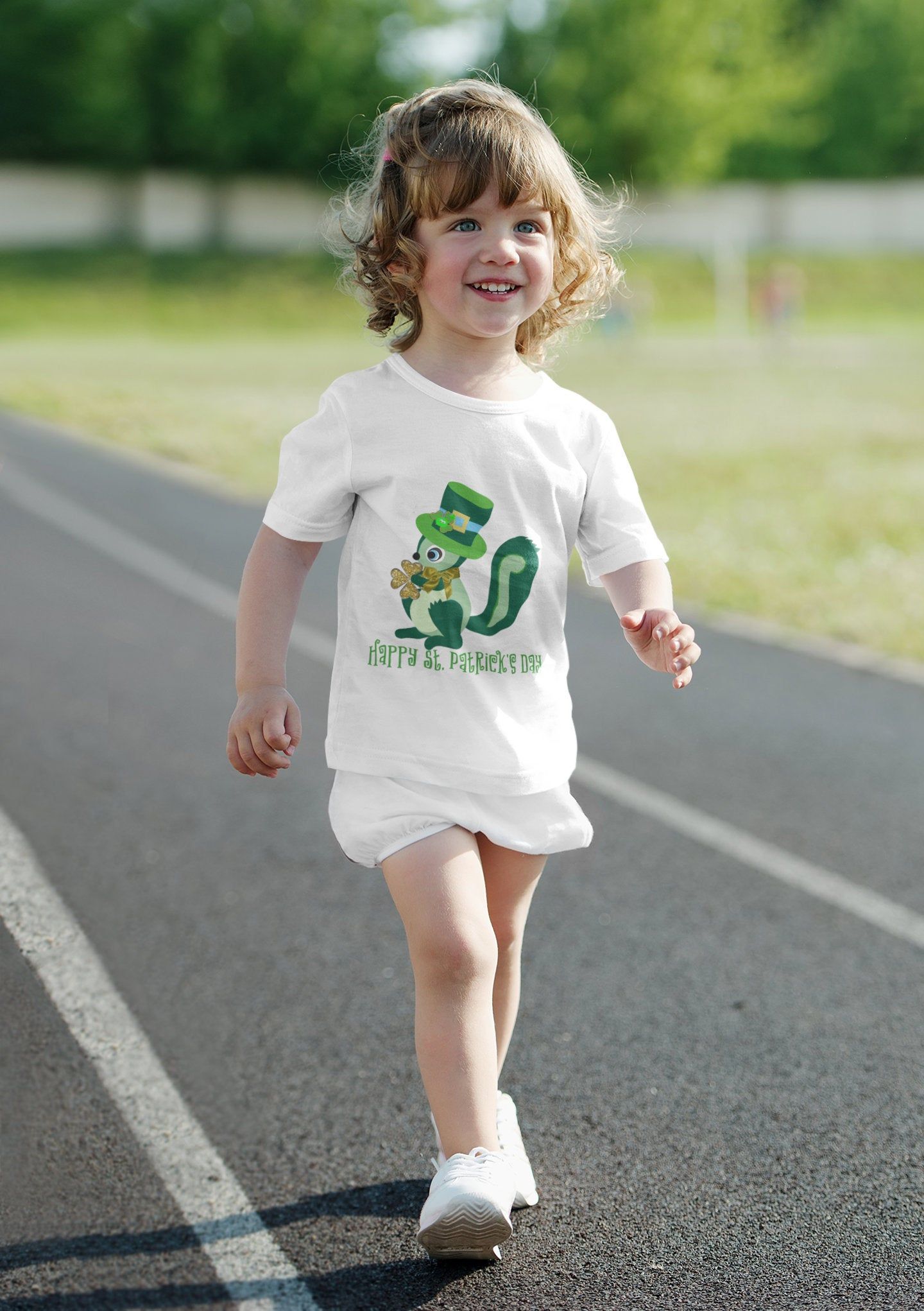 Green Squirrel Happy St Patrick's day Kid's Fine Jersey Tee!!! Unisex Saint Patty's Holiday child's shirt Ireland green charms