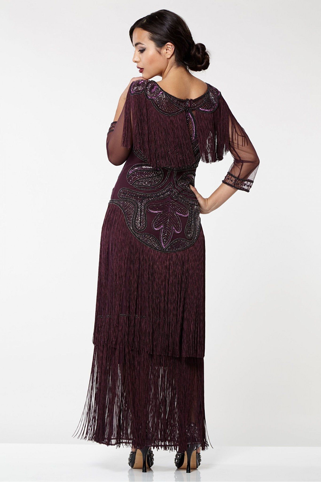 Glam Fringe Flapper Maxi Dress - Plum Gatsbylady London Flapper Art ...