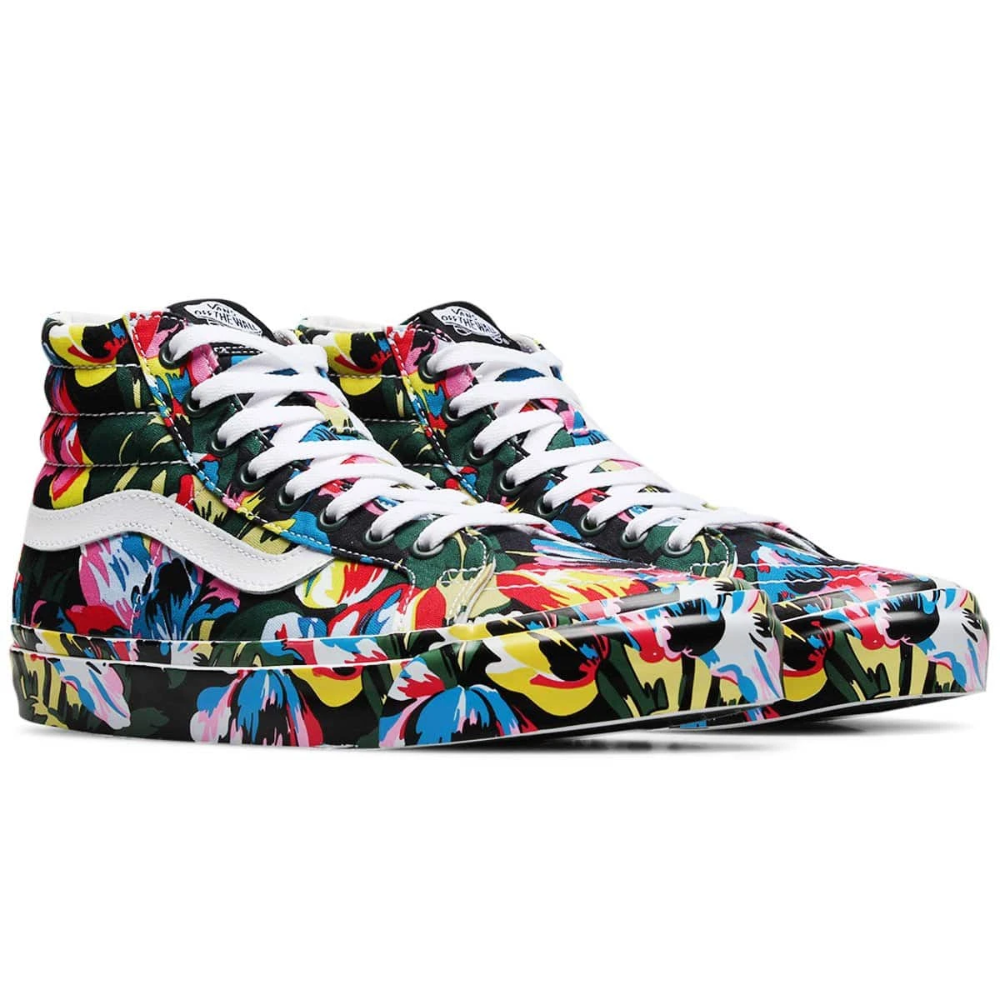 Sixties Floral Men/'s Black and White High Top Canvas Sneakers