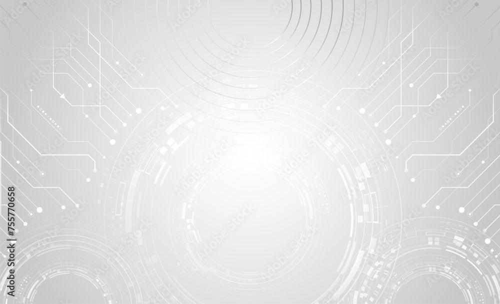Hi-tech grey background with various technology elements. vector illustration of circles and lines with shadows. Abstract futuristic communication. Stock Vector