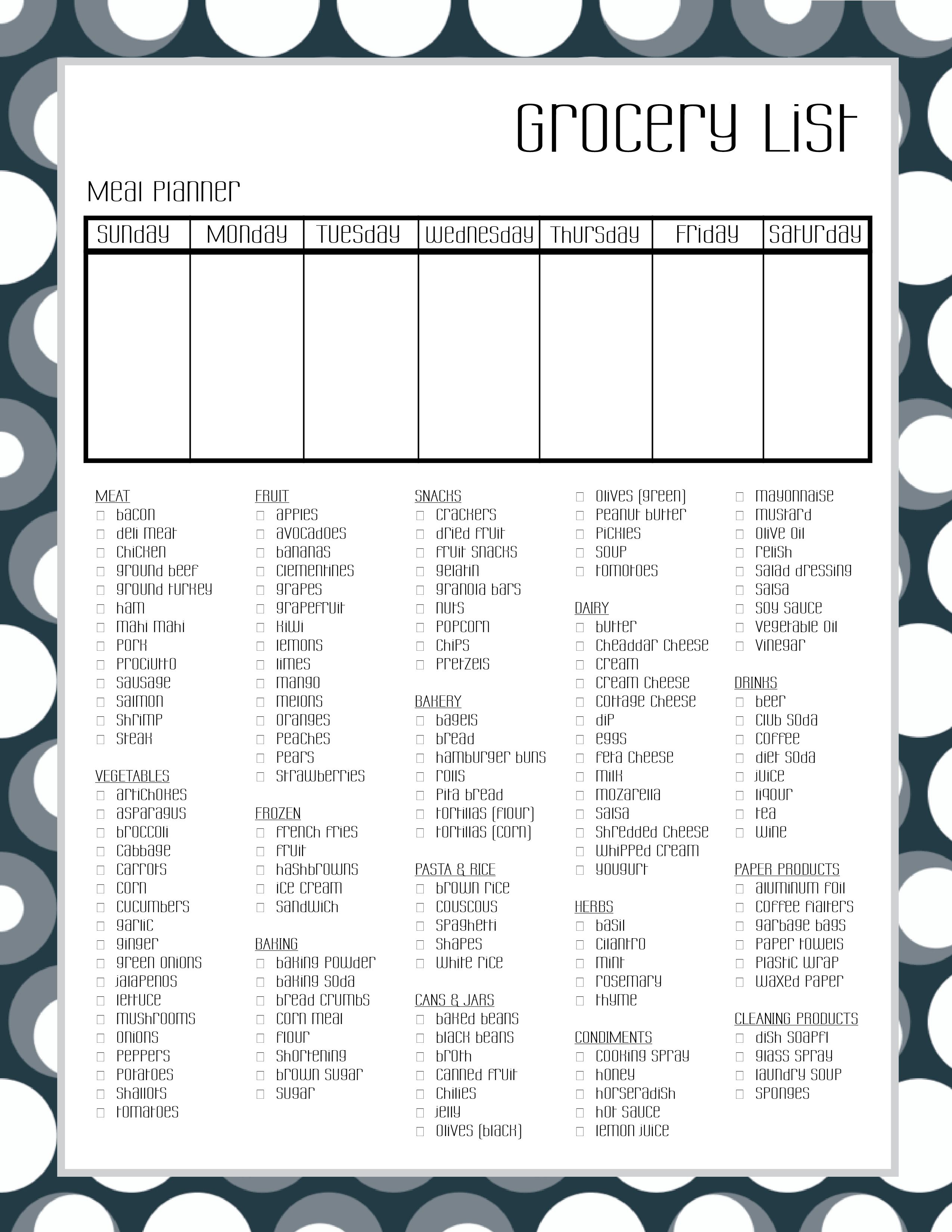 dinner planner with grocery list