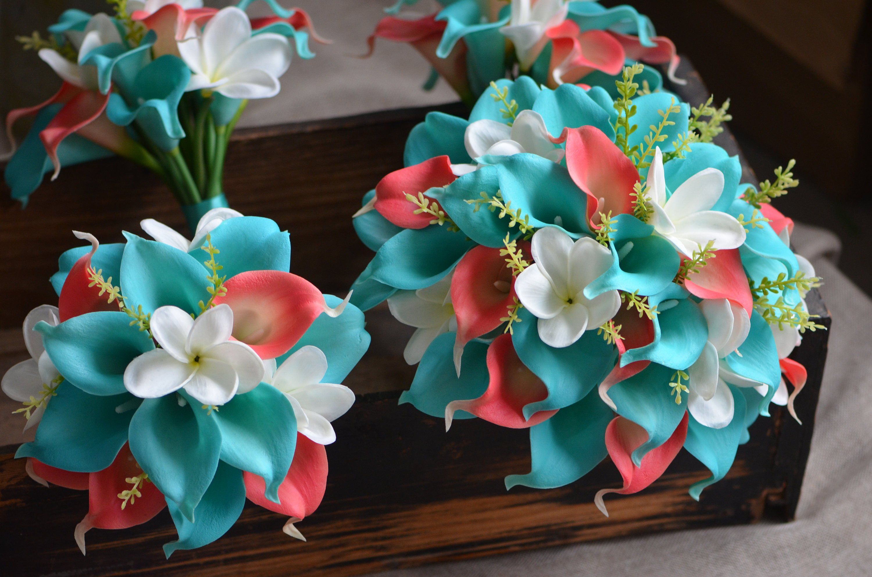 Turquoise Blue Coral Wedding Bouquets, Real Touch Calla Lilies, Ivory