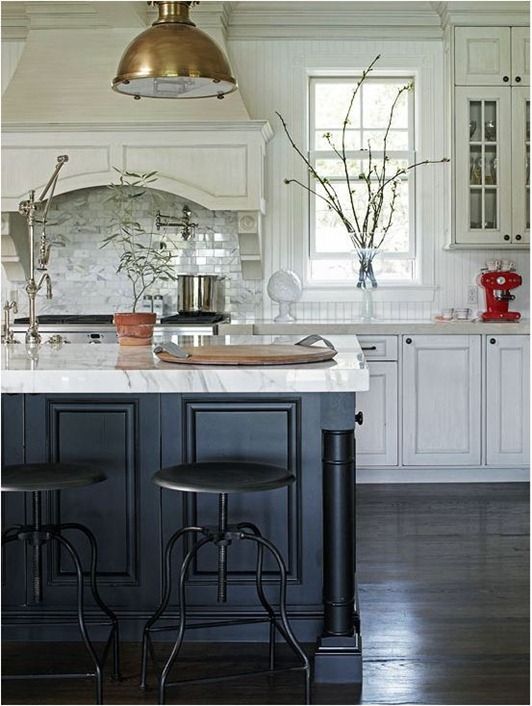 White Cabinets Black Island Gold Lighting And Industrial Metal