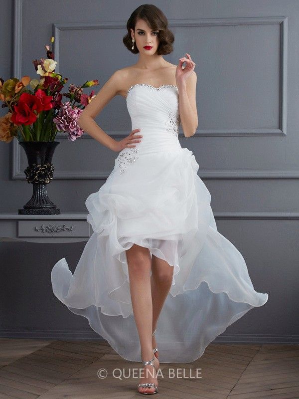 A-Line/Princess Sweetheart Sleeveless Beading High Low Organza Wedding