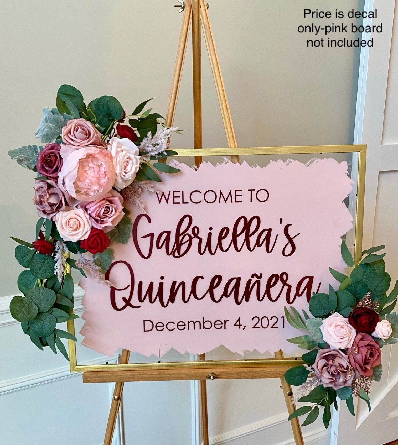 Quinceanera Decal for Sign Making Quince Vinyl Decal for Mirror or Plexiglass Sign Birthday Party Welcome Decal Pink Gold Burgundy Decal Our high quality decals are perfect for your decorating, DIY and sign making projects! Cut from the highest quality vinyl (Oracal 631) it applies easily to most smooth/flat surfaces. Great on: -Wood -Mirror -Glass -Metal -Windows -Chalkboards -Walls -Doors -Foamboards -Acrylic Plexiglass The possibilities are endless! Please make size and color selections from Diy Quinceanera Decorations, Quince Decorations Ideas, Rustic Quinceanera, Sweet 15 Party Ideas Quinceanera, Quince Themes, Quinceanera Pink, Quinceanera Planning, Quinceanera Themes, Quince Decorations Rose Gold