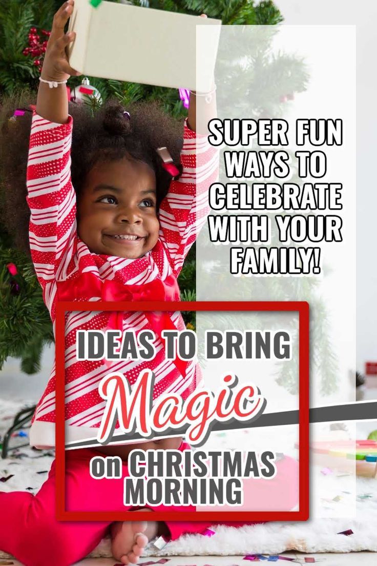 young child holding a present in front of a Christmas tree with text overlay.