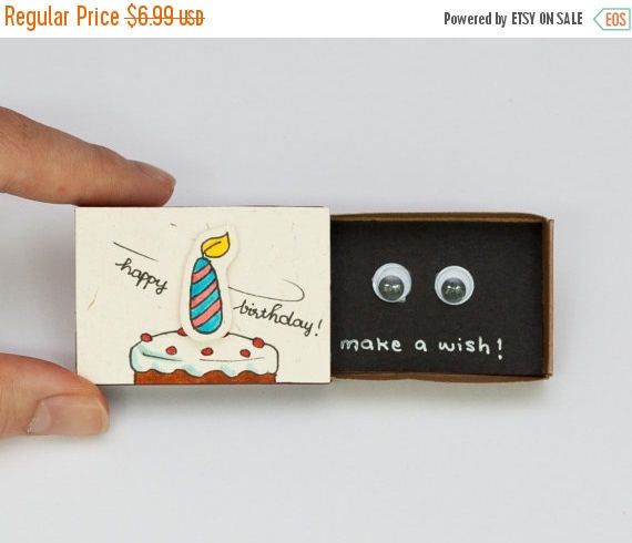 This listing is for one matchbox. This is a great alternative to a Birthday card. Surprise your loved ones with a cute private message hidden in these beautifully decorated matchboxes! Each item is hand made from a real matchbox(*). The designs are hand drawn, printed on paper and then hand assembled to give each individual matchbox that special personalized touch. Weve found that these matchboxes are the perfect way to brighten someones day :) Dimensions: 2 1/16 (length) x 1 3/8”...