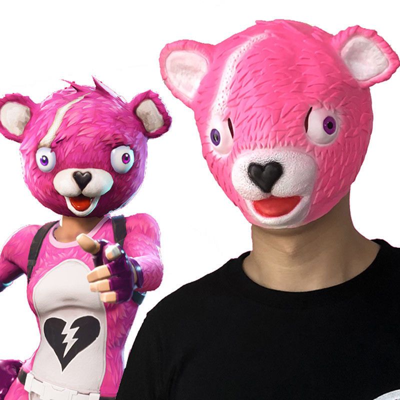 Cuddle Team Leader Fortnite Fluffy Fur Pink Bear Mask Halloween Fancy Dress Game