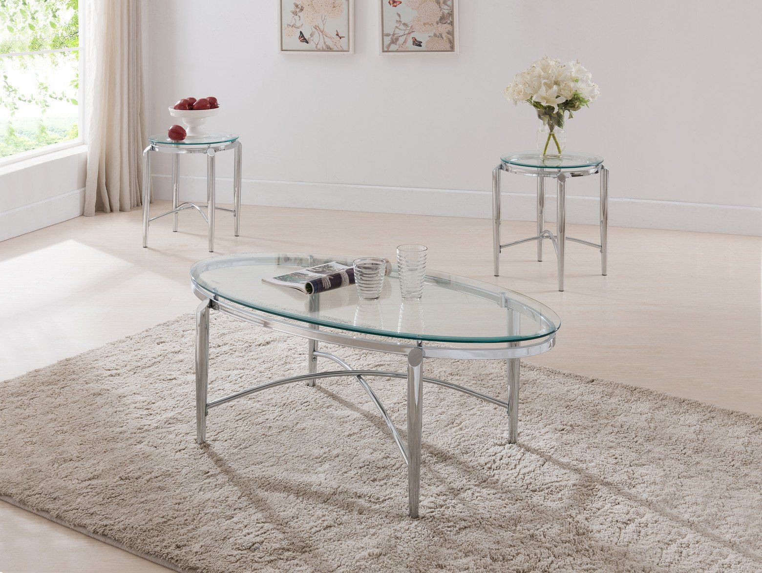 3 Piece Chrome Metal Glass Top Modern Occasional Cocktail Coffee