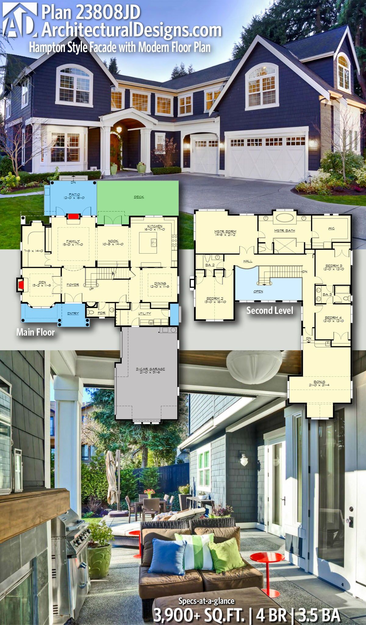 Plan 23808JD Hampton Style Facade with Modern Floor Plan Plan 23808JD Hampton St...