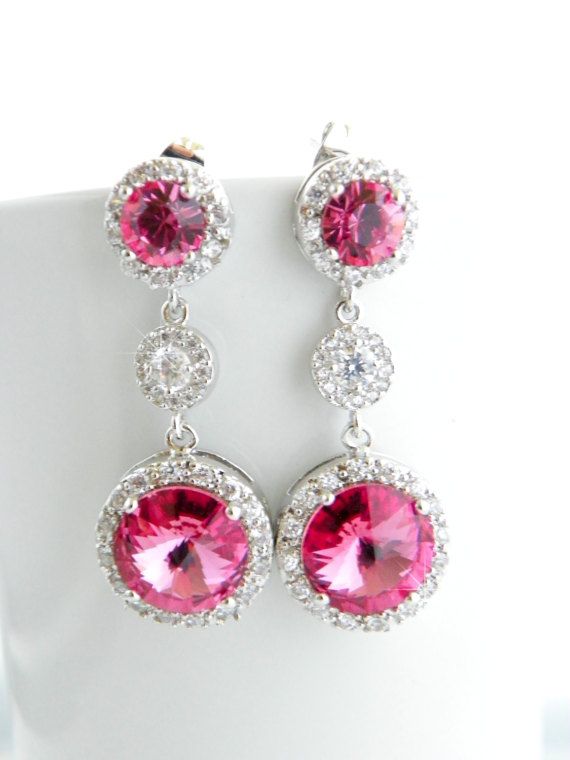 Hot Pink Bridal Jewelry, Swarovski Wedding Earring, Fuchsia Bridal Drop ...