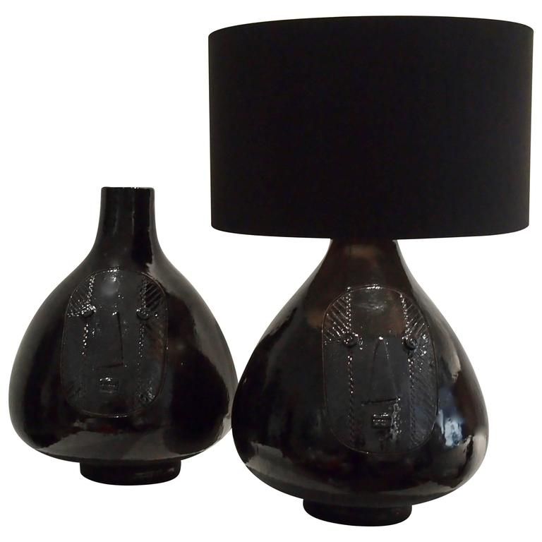 Large Pair of Ceramic Lamp Bases Glazed Table Lamp In Black Glazed Ceramic