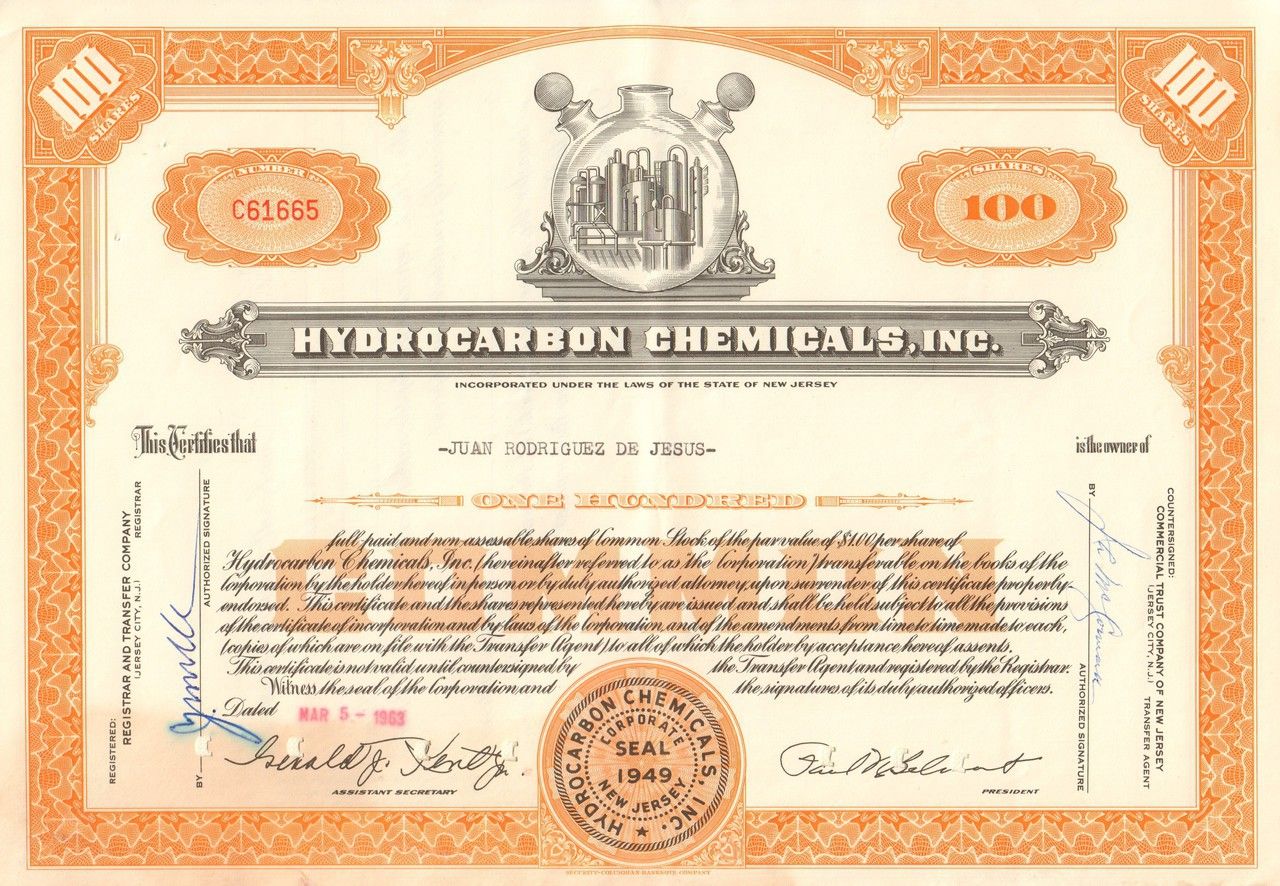 Hydrocarbon Chemicals Inc 1963 Stock Certificates Texas Oil