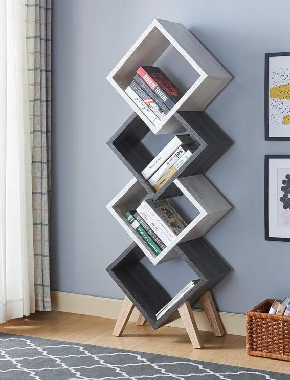 GarzaGeometricBookcase - 22 brilliant bookcases for small spaces Home Decor Shelves, Wall Shelves Design, Home Decor Furniture, Diy Home Decor, Diy Bookshelf Design, Office Furniture Design, Furniture Ideas, Bookshelves For Small Spaces, Creative Bookshelves