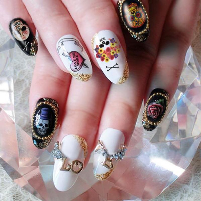 10pcs 3d Diy Punk Water Transfer Nail Decal Halloween Skull Wrap
