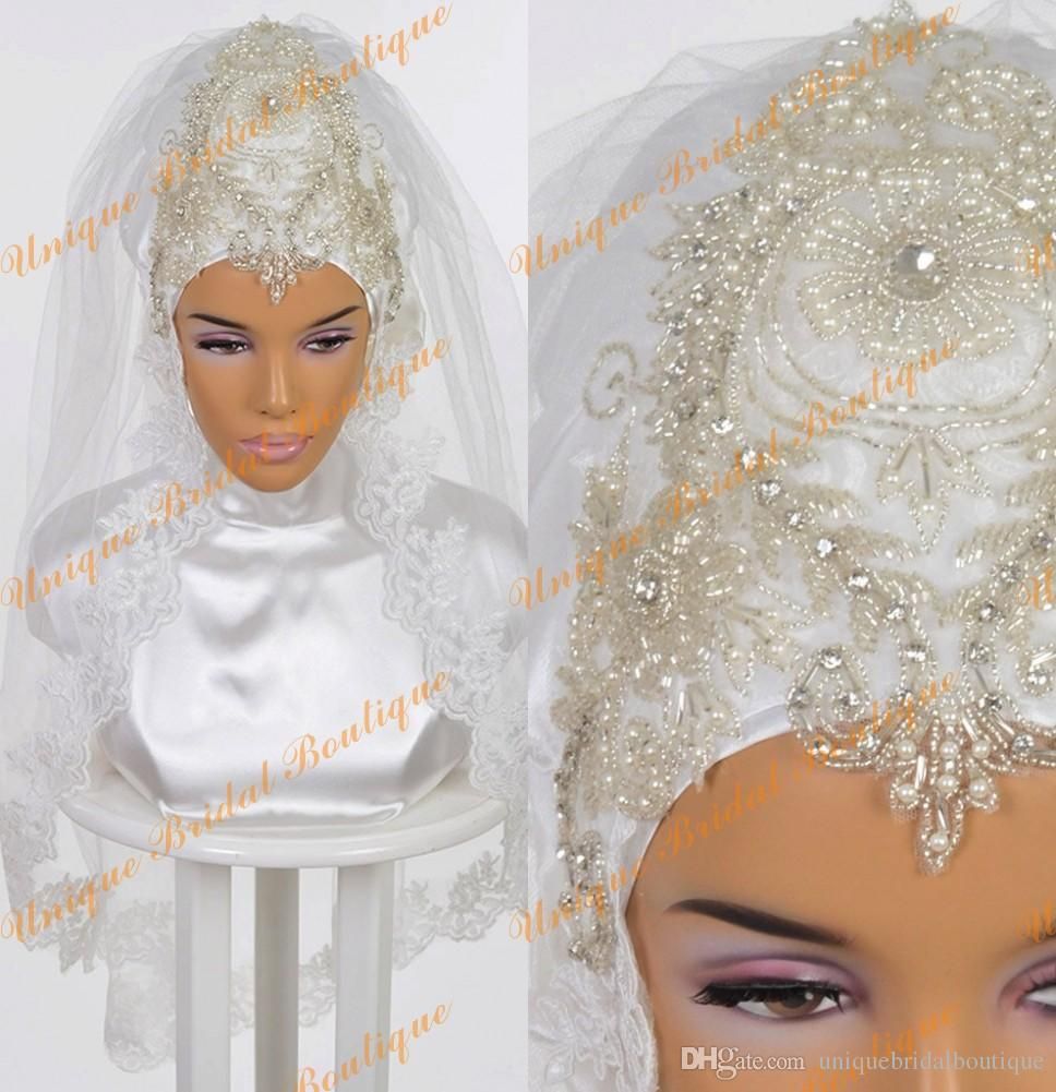 2016 Beautiful Muslim Bridal Veils With Many Beading And Pearls Real Photos Bling Bling Muslim Brides Hijab With Lace Appliqued Edge Bridal Blusher Veils Headpi Bridal Veil Bridal Accessories Wedding Veil Headpiece