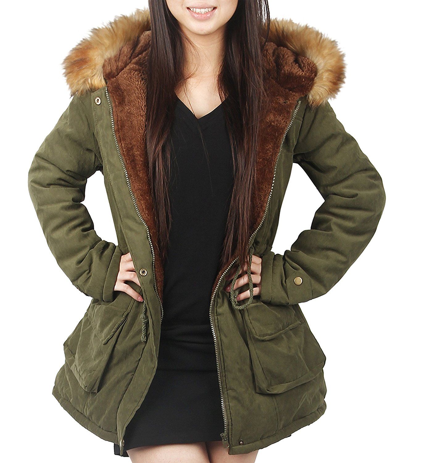 Ilovesia Womens Hooded Coat Faux Fur Lined Jacket Army Green 6 Kadin Ceketleri Mont Parka