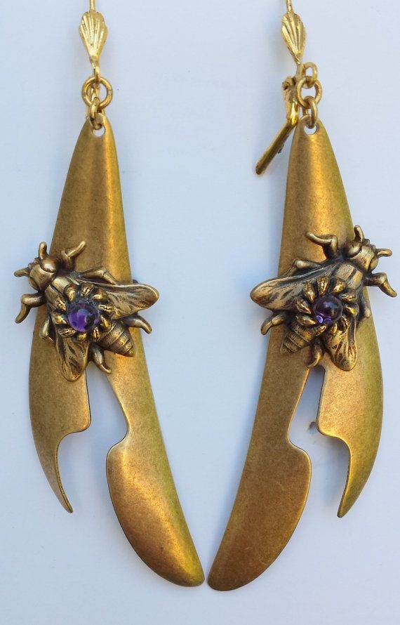 Unusual Gold Earrings Leaf W Steampunk Large Fly Amethyst Unusual Gold Earrings Leaf W Steampunk Large Fly Amethyst Stones