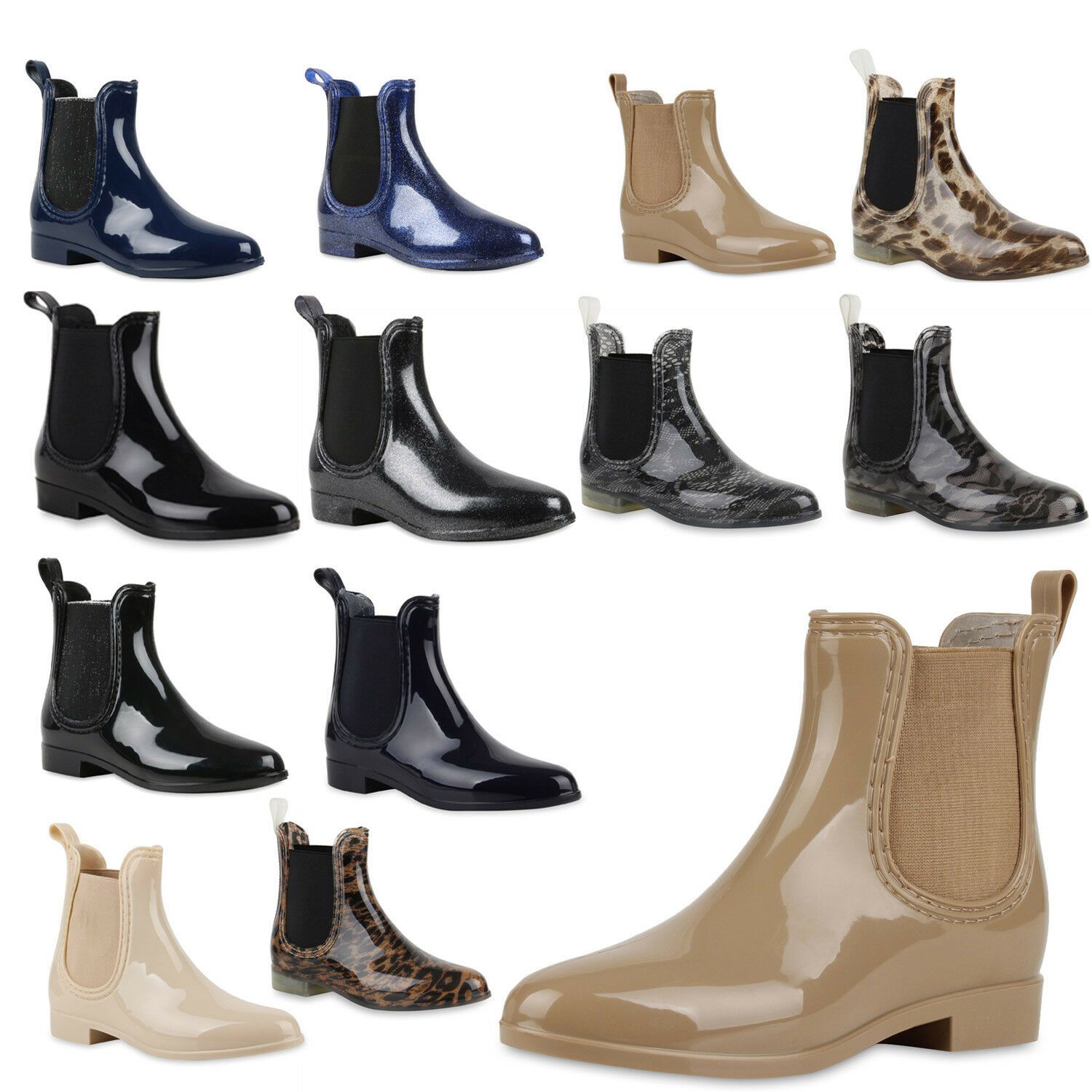 Damen Gummistiefel Lack Stiefeletten Chelsea Boots Regenschuhe 811790 Mode