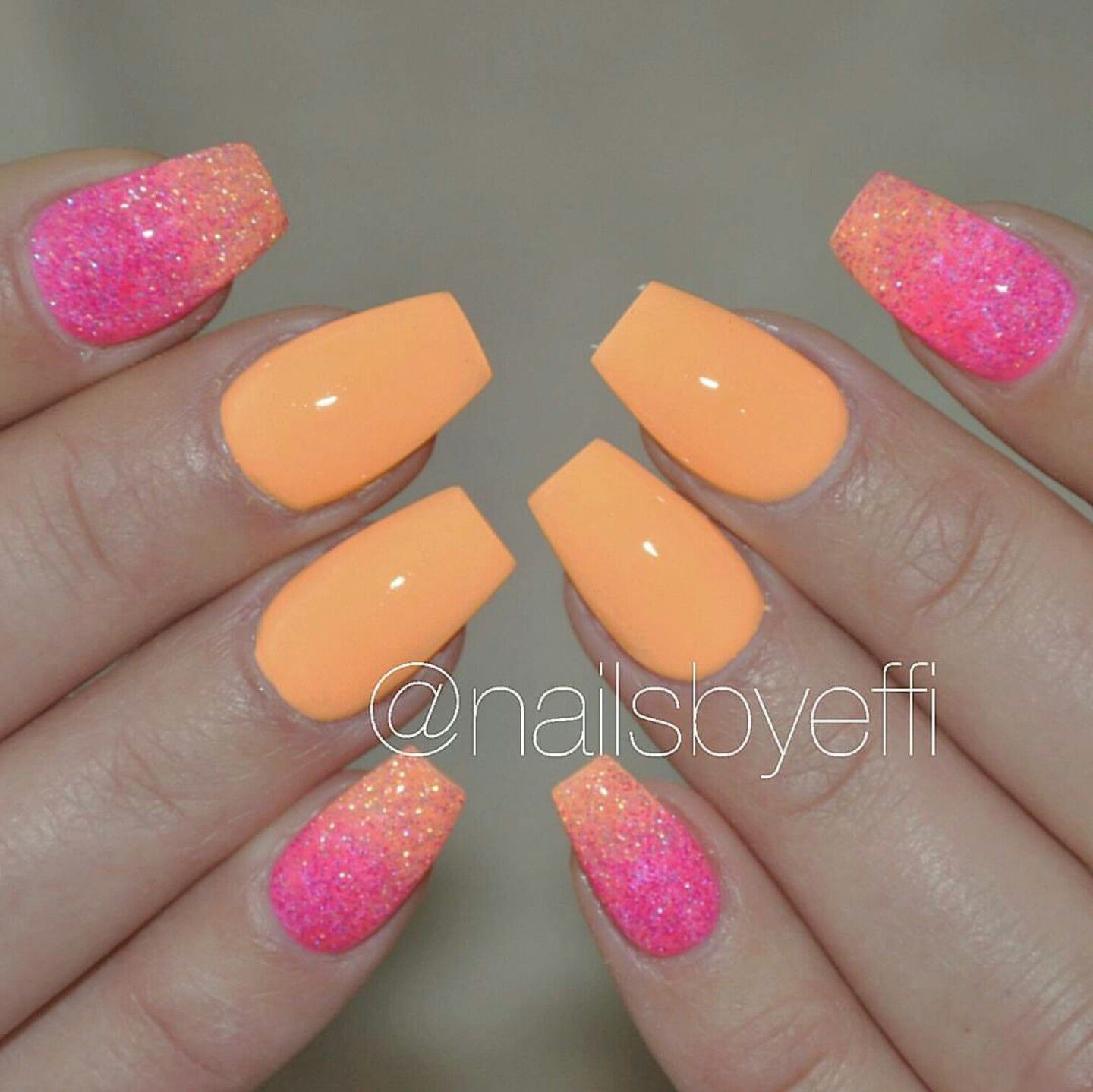 Orange And Pink Neon Glitter Coffin Shaped Nails Coffin Shape
