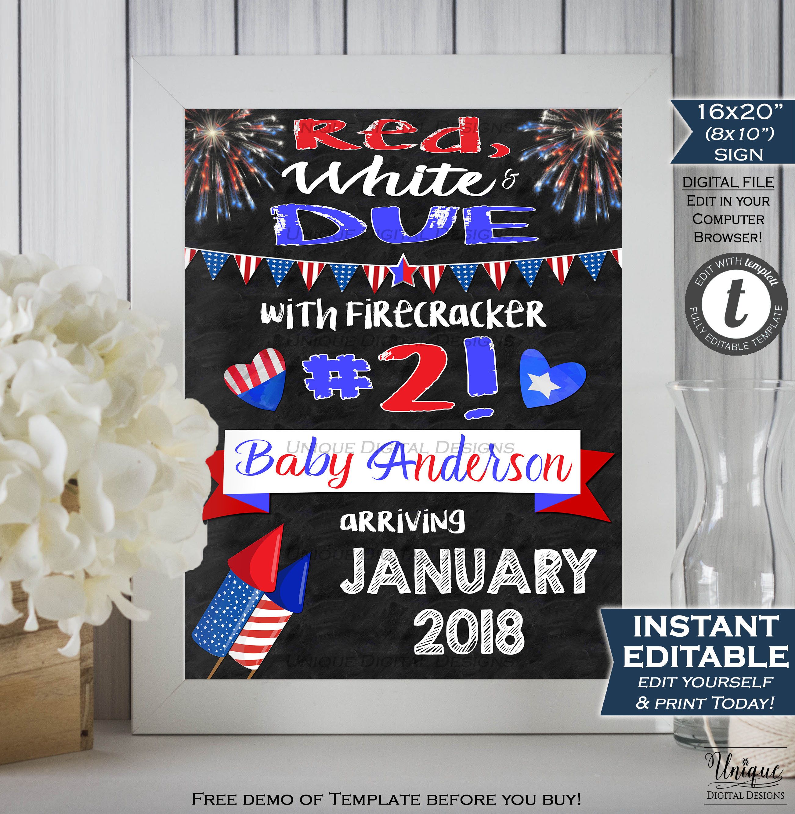 Baby #2 4Th Of July Pregnancy Announcement Sign Firecracker Theme Baby #2 4Th Of July Pregnancy Announcement Sign Firecracker Theme