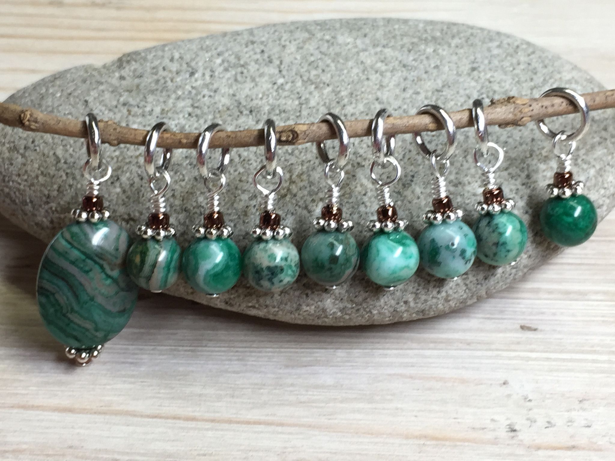 Handmade Knitting Stitch Marker Set Green Agate SNAG FREE