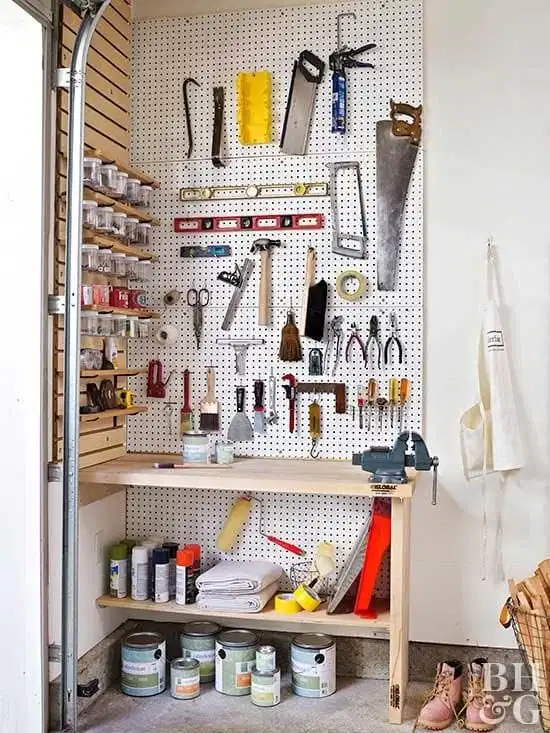 Making a Dream Workshop and Potting Station - House On Longwood Lane Overhead Garage Storage, Garage Tool Storage, Garage Storage Solutions, Basement Storage, Garage Tools, Diy Garage, Storage Hacks, Hidden Storage, Storage Ideas