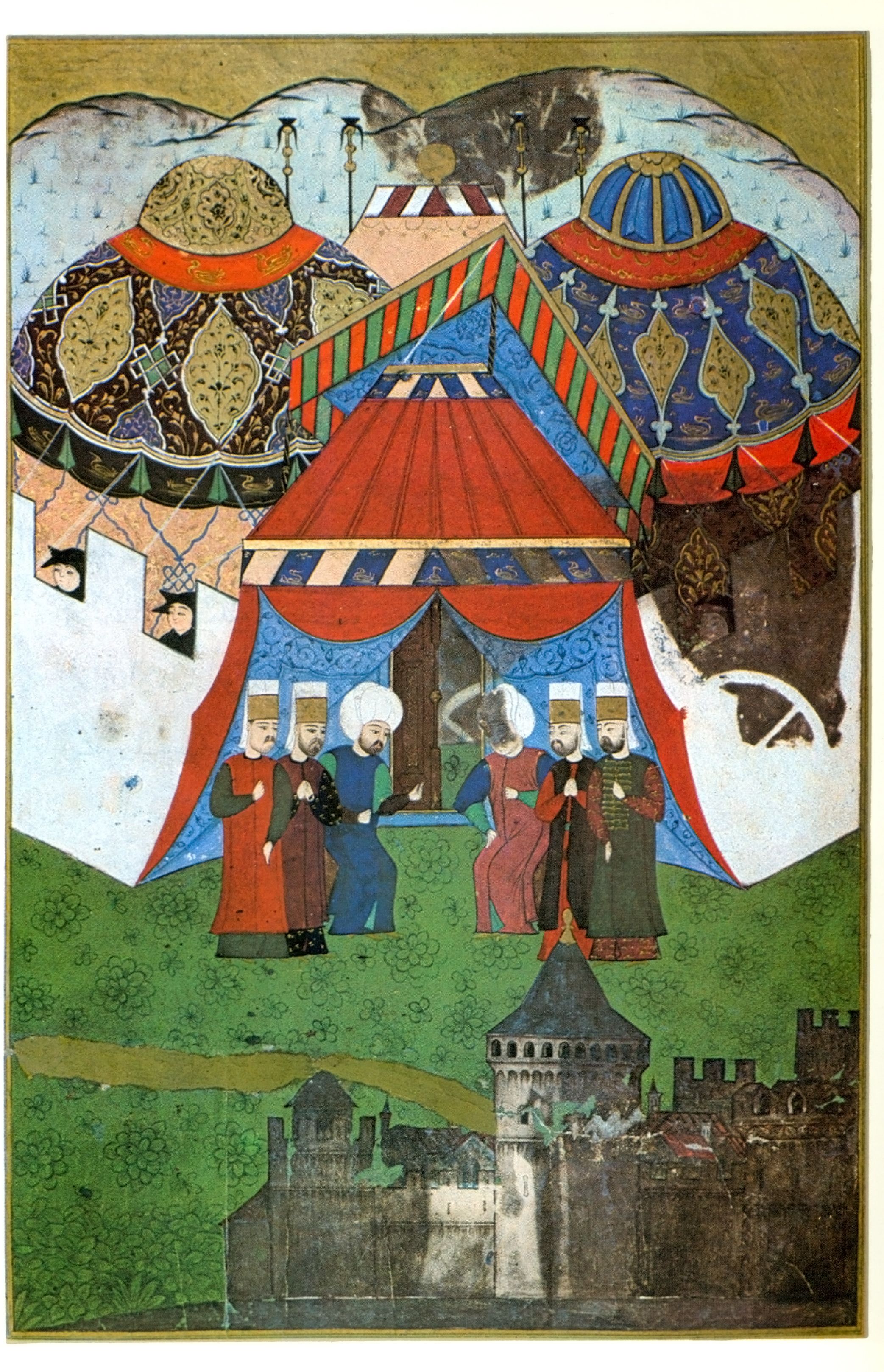 Selim II is waiting for the body of Suleiman I in Belgrade, Turkish miniature, 16th century, 29.7 × 19.5 cm (11.7 × 7.7 in), Topkapi Palace Museum Persian Miniature, Miniature Art, Miniature Paintings, Imperio Mongol, Middle Eastern Art, Oriental, Islamic Paintings, Turkish Art, Ottoman Empire