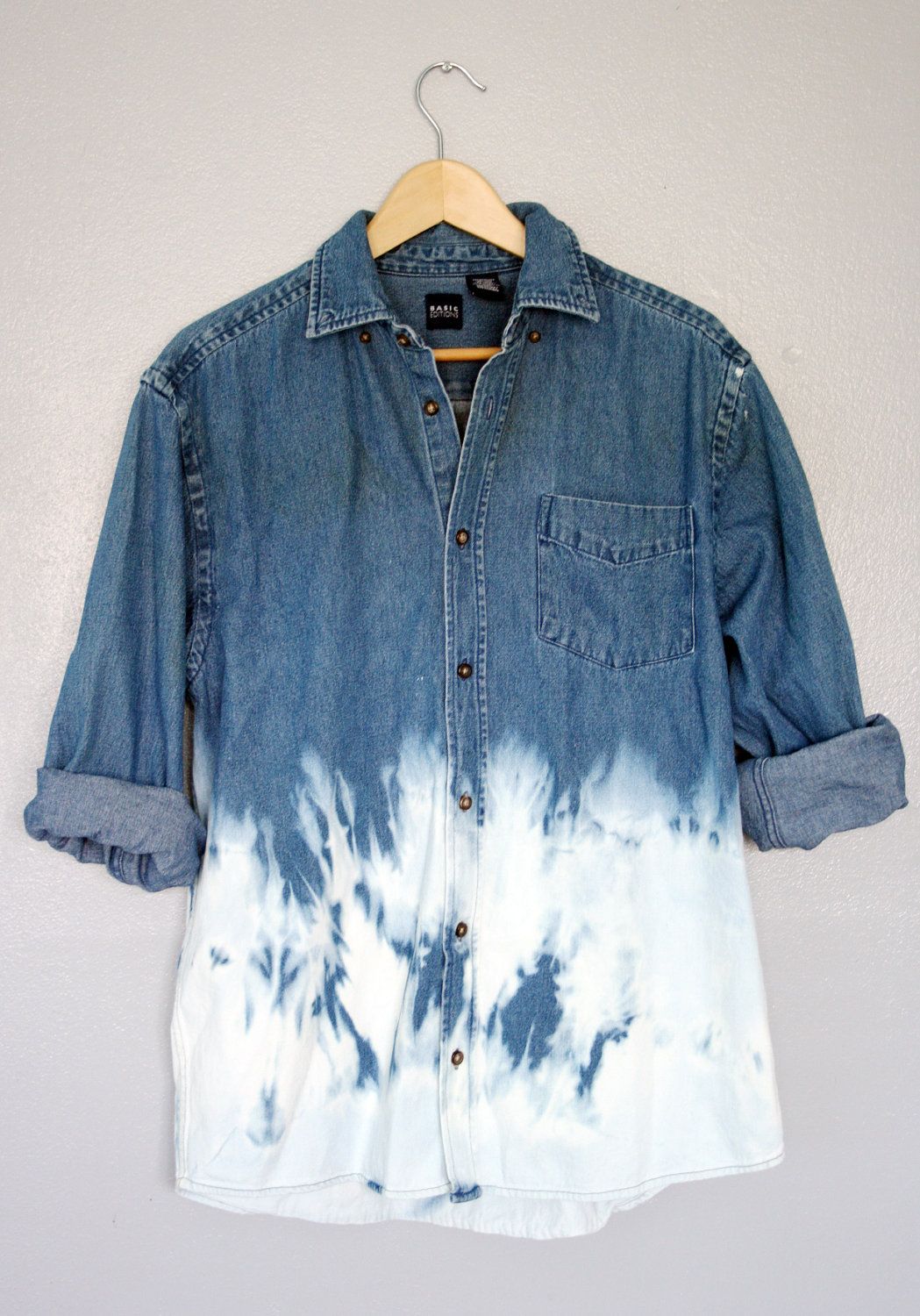 90s Grunge Unisex Dip Dye Ombre Bleached Denim Long Sleeve Shirt Top Oversized | Long sleeve
