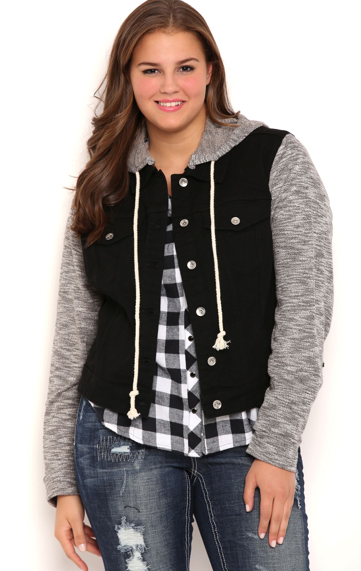 deb shops plus size ymi black denim jacket with knit sleeves and plus size black denim jacket