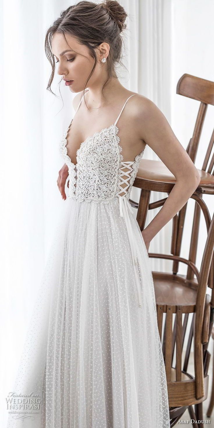 asaf dadush 2017 bridal sleeveless spaghetti strap deep sweetheart neckline heav...