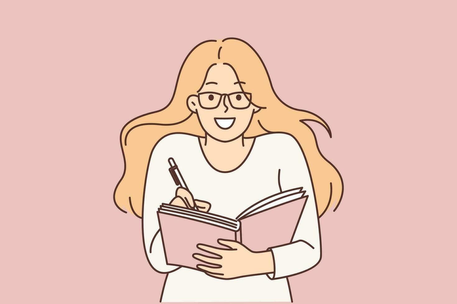 Smart Woman Student Holds Pen And Notepad Writing Down Lecture Plan Or Smart Woman Student Holds Pen And Notepad Writing Down Lecture Plan Or