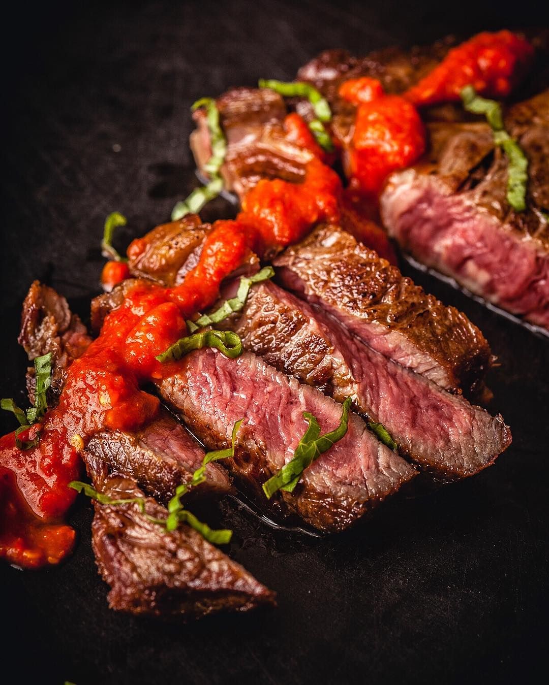 Prime rib steak cooked rare 1 hour 120F. Arbol chile sauce