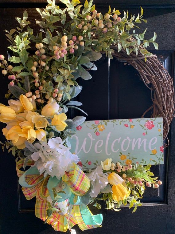Pastel Spring wreath for front door, Easter Spring Door Hanger, Spring Porch Decor, Spring Easter De