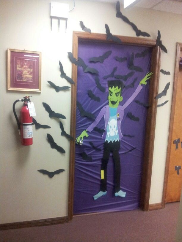 Halloween office door decoration! I created these paper bats with black