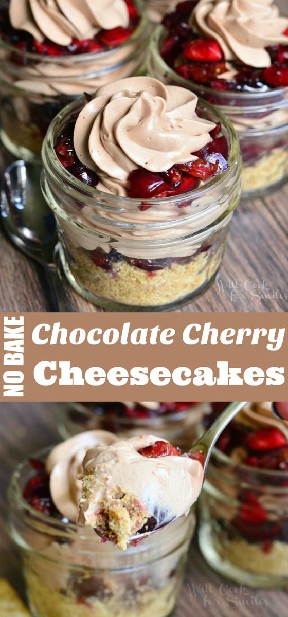 {No Bake} Chocolate Cherry Cheesecake Pie In A Jar. Smooth, creamy chocolate cherry cheesecake made with fresh cherries and crispy, sweet and salty cracker crumb on the bottom. #cheesecake #chocolate #cherry #dessert #nobake Mason Jar Desserts Recipes, Mini Desserts, Just Desserts, Dessert Recipes, Jar Recipes, Drink Recipes, Cherry Cheesecake Pie, Cheesecake Recipes, Cheesecake Shooters
