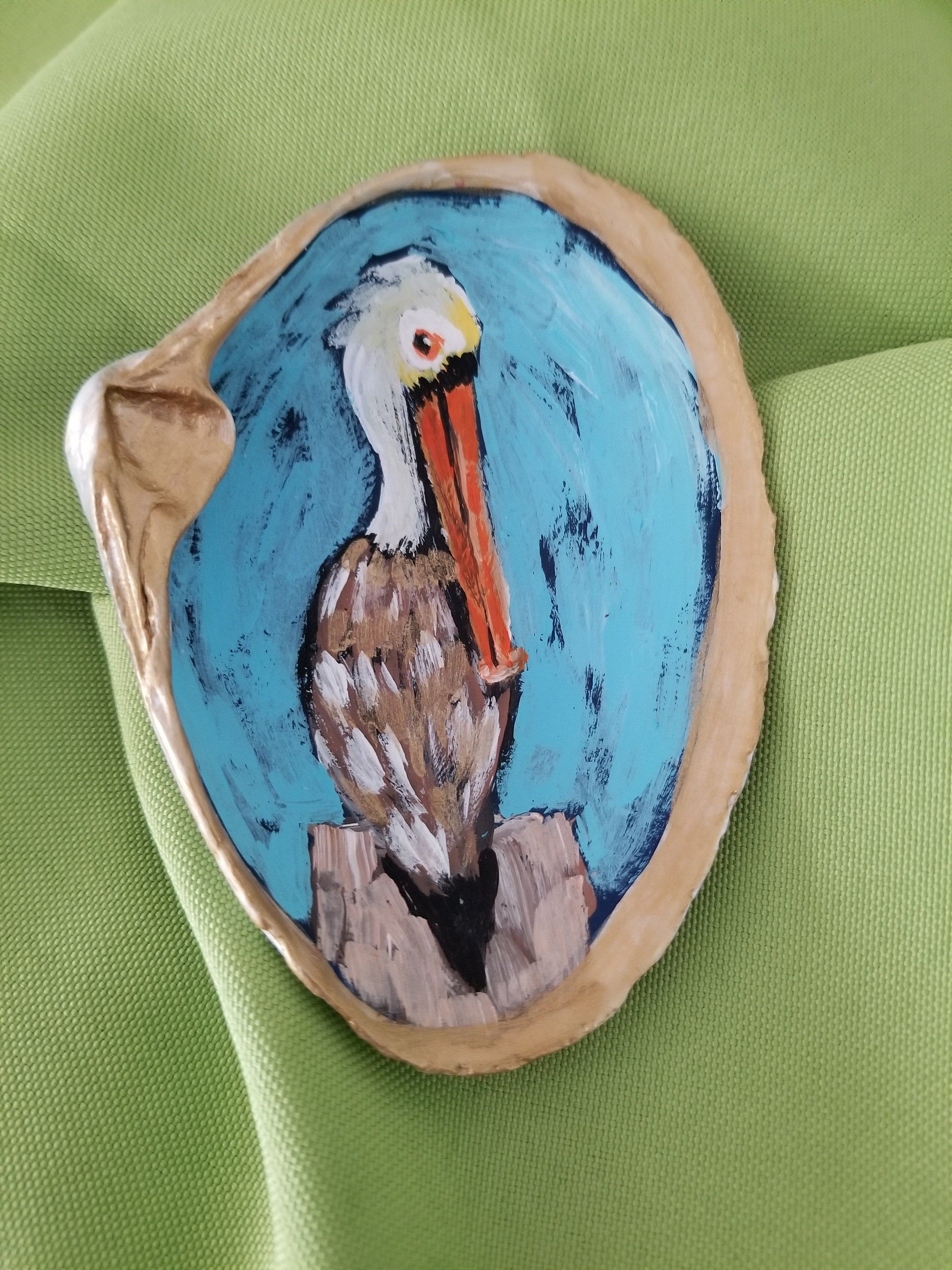 Jewelry Dish Miniature Painting Ring Dish with a Hand Painted Pelican in Acrylics on an Oyster Shell