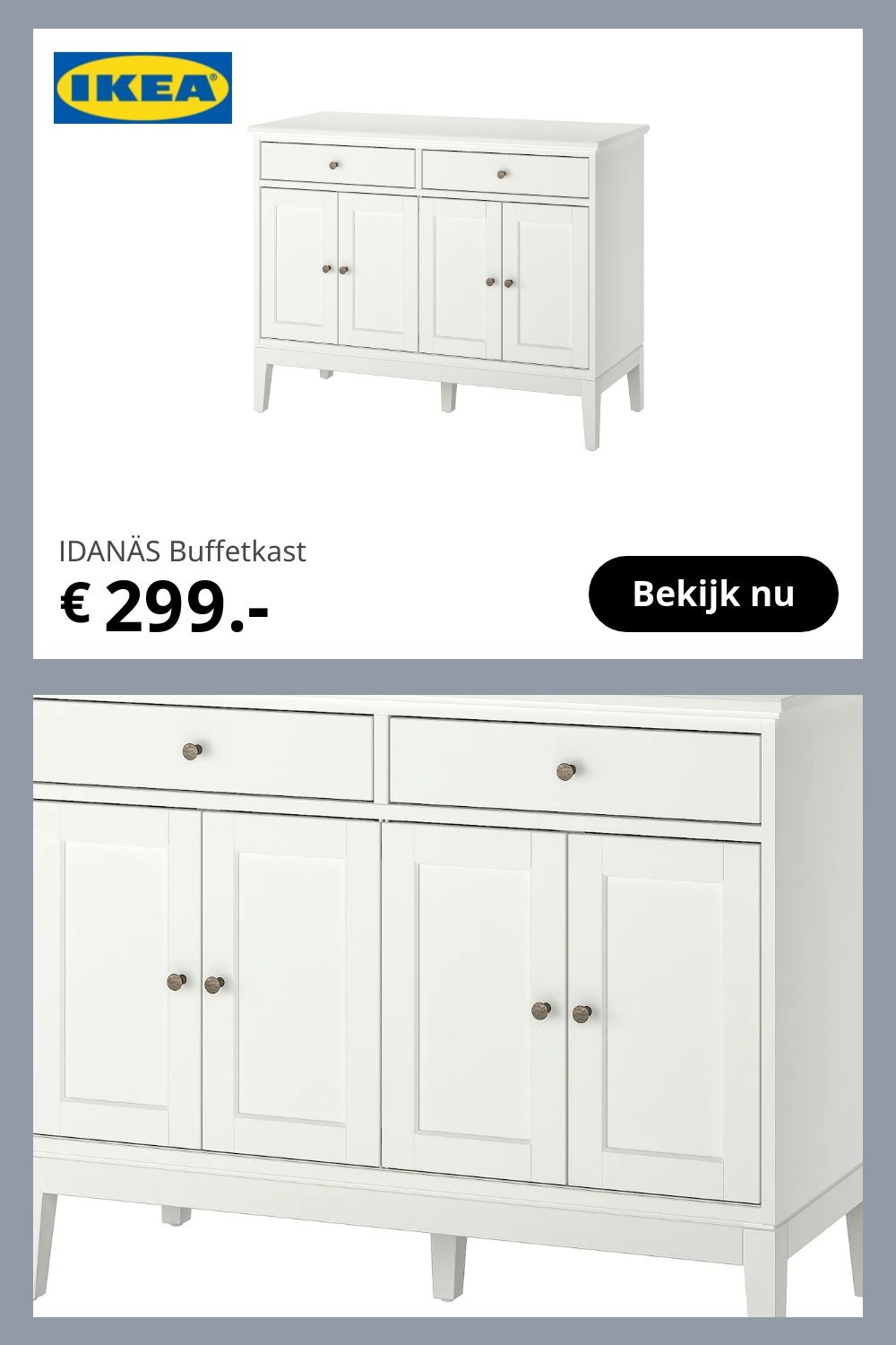 De IDANÄS serie combineert een tijdloos ontwerp met moderne functionaliteit. De IDANÄS kast met vouwdeuren vormt een elegant look in je huis. Deze dressoir biedt volop opbergruimte. En de bovenkant is handig om serveerschalen aan de kant te houden. Ikea, Cabinet, Elegant, Storage, Furniture, Home Decor, Products, Clothes Stand, Classy