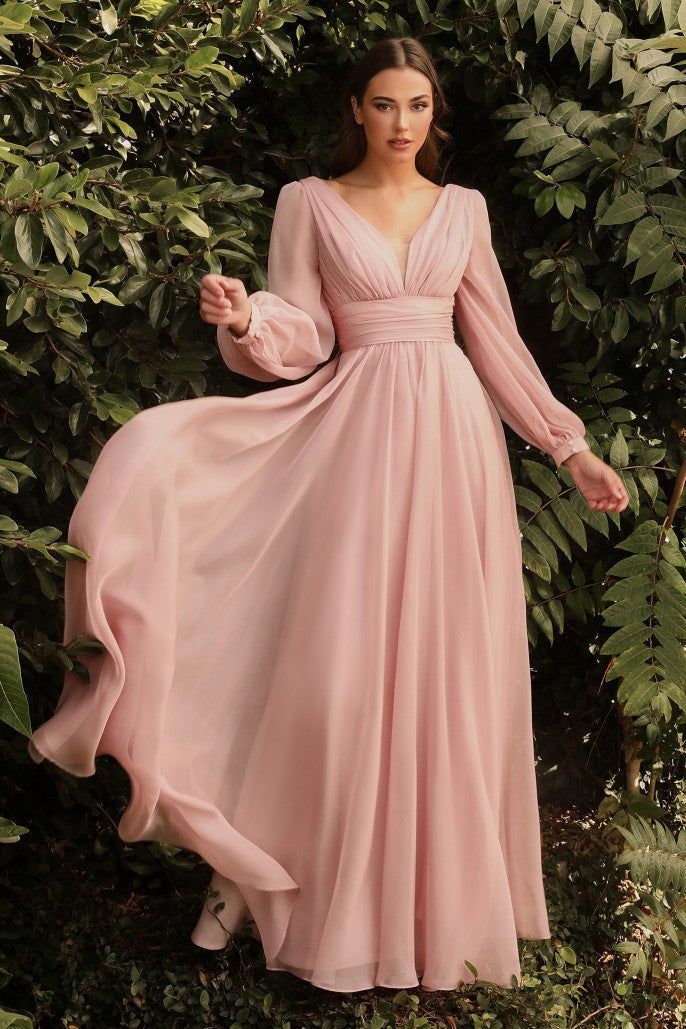 CD 0192 Size 14 Long A Line Chiffon Long Sleeve Mother Of Dress Wedding Guest Gown This dreamy chiffon gown features a layered a-line skirt gathered at the waist. Sheer long sleeves drape the arms up to the gathered deep v-neckline bodice and ruched waistband. The back has a mid-opening allowing for bra strap coverage. Sizes: 14 Color: Blush Long Sleeve Bridesmaid Dress, Long Sleeve Chiffon Dress, Chiffon Evening Dresses, Formal Evening Dresses, Chiffon Gown Styles, Long Sleeve Formal Dress, Pastel Bridesmaid Dresses, Plus Size Evening Gown, Evening Gowns With Sleeves
