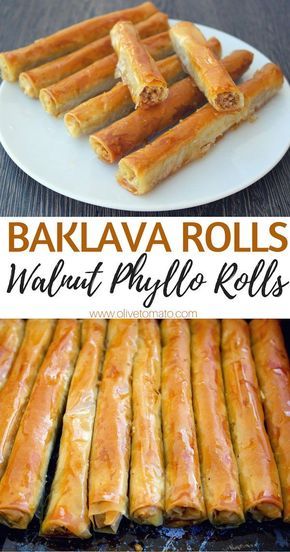 Baklava Rolls Walnut phyllo rolls. If you love baklava, you can make this easy, vegan, healthier version at home. Walnuts wrapped in phyllo and drizzled with syrup is a perfect dessert any time of the day. #baklava #vegan #mediterraneandiet #greekfood #he Greek Desserts, Greek Recipes, Arabic Recipes, French Desserts, Cooking And Baking, Cooking Recipes, Cooking Ham, Cooking Fish, Greek Cooking