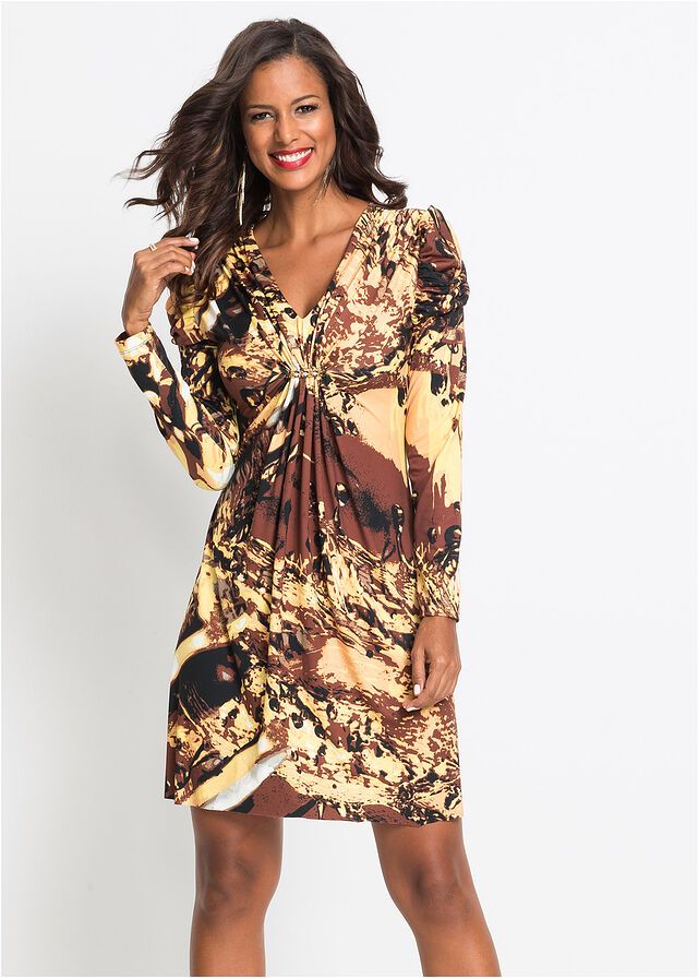 Sukienka z długim rękawem • żółto-brązowy wzorzysty • bonprix sklep Style People, Celebrity Look, Favorite Celebrities, Wrap Dress, Casual Dress, Cold Shoulder Dress, Trendy, Bonprix, Party Dresses