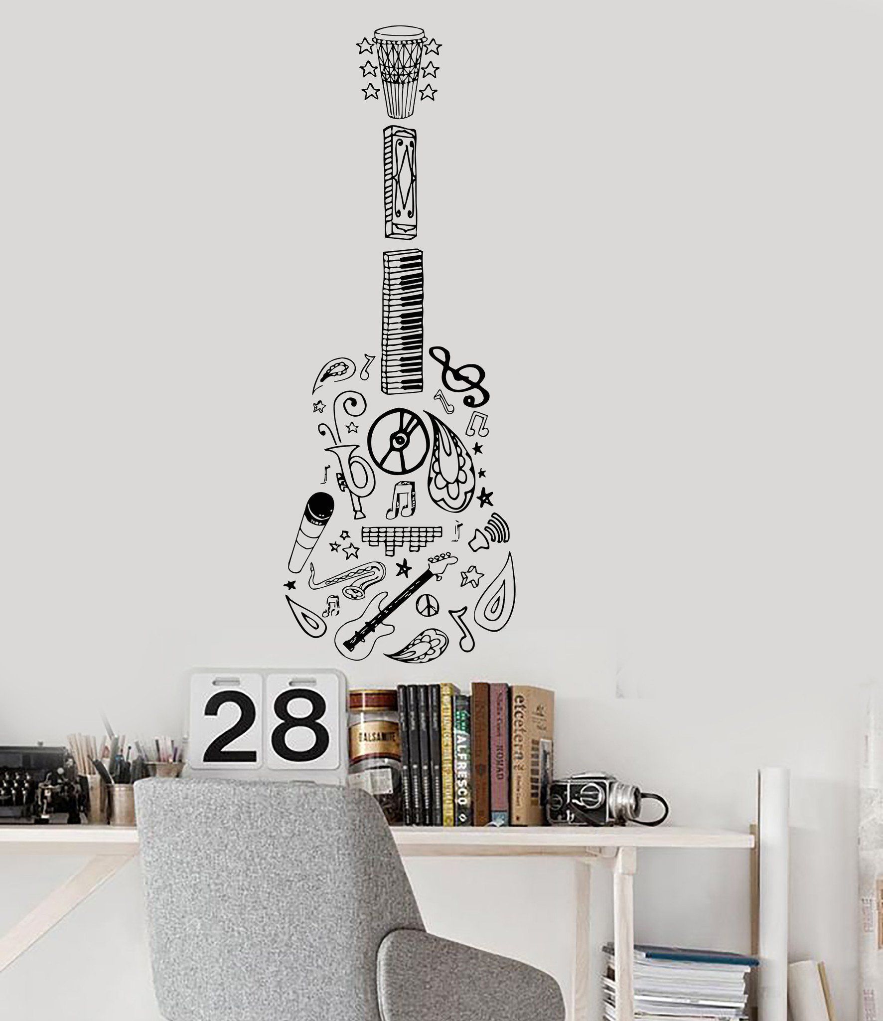 Autocollant Vinyle Guitare Musique Instrument de musique décoration Sketch autocollants muraux 034ig