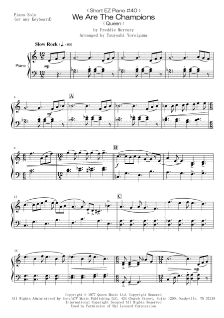 < Short EZ Piano #40 > We Are The Champions ( Queen ) Easy Piano Sheet Music, We Are The Champions, Digital Sheet Music, Queen, Musica