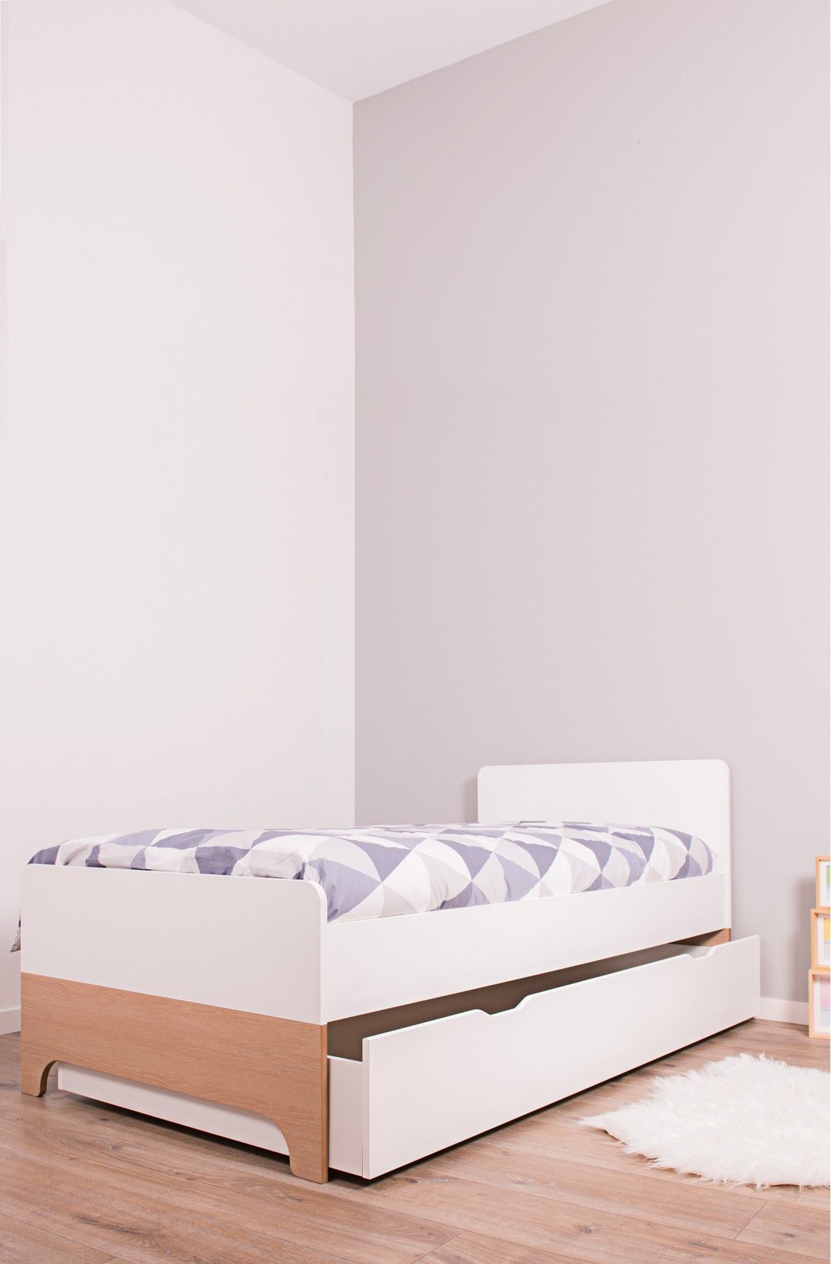 Lit Enfant 90x200 cm blanc/bois Calvi + sommier + tiroir de lit