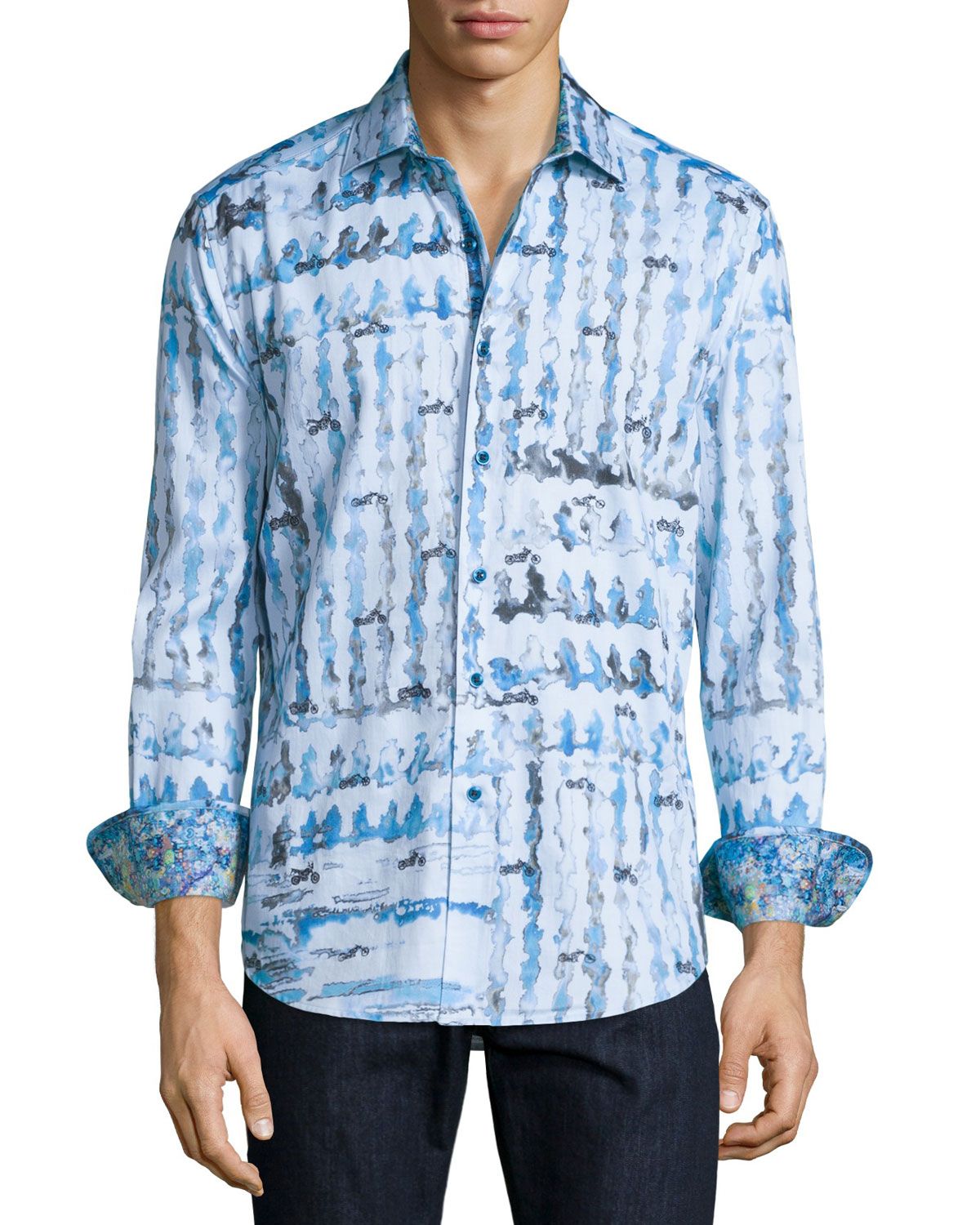 Robert Graham Mens Medium Large Tesoro Long Sleeve Dress Shirt Blue Geometric