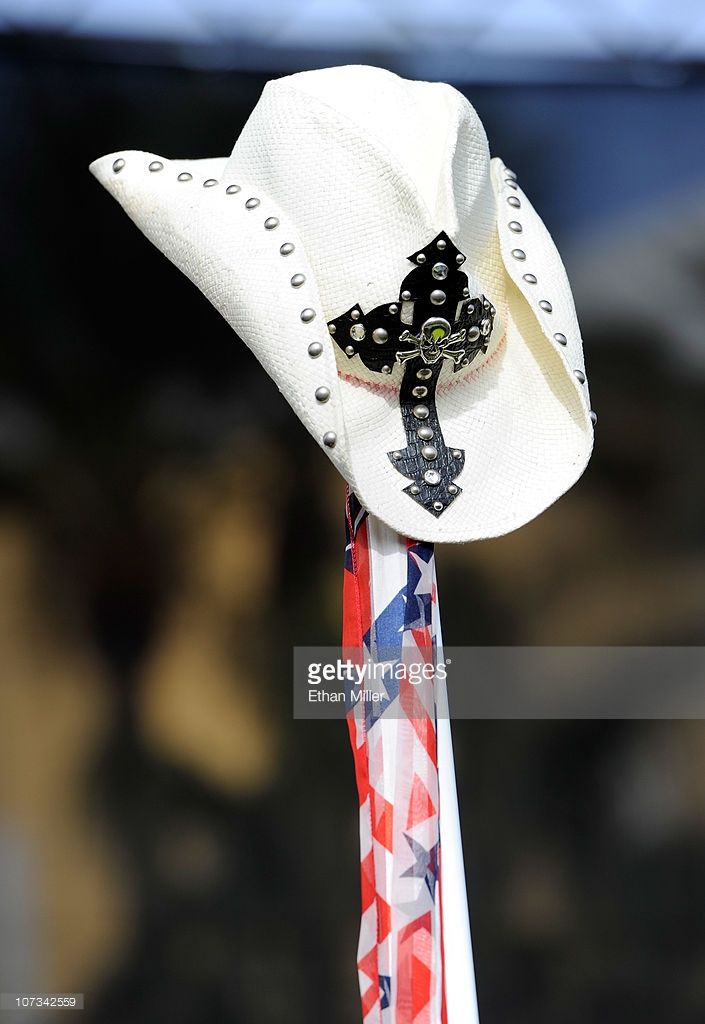 Poison singer Bret Michaels' cowboy hat rests on a microphone stand